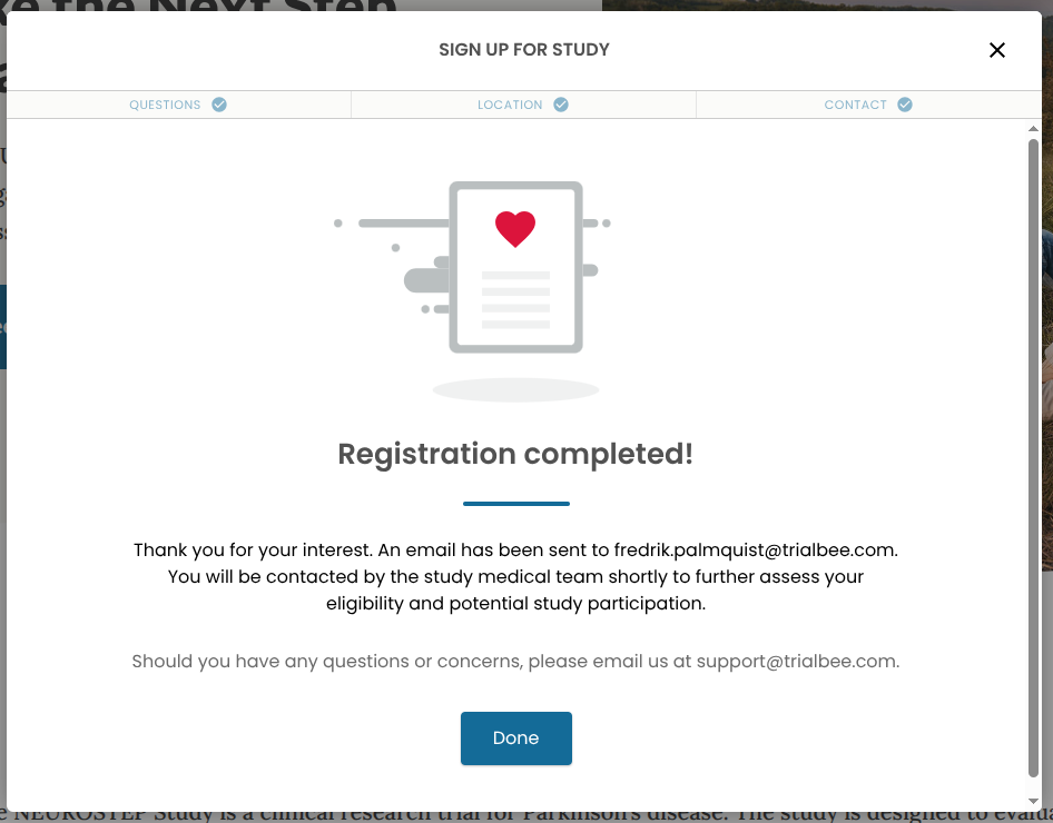 Registration complete page